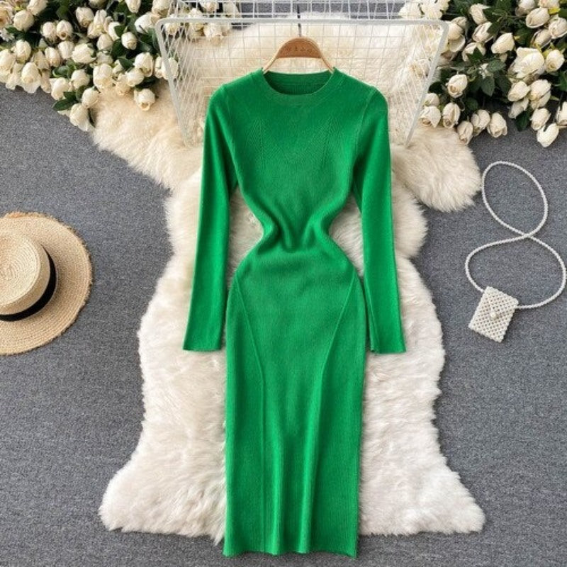 Elegant O Neck Tight Stretch Knit Dress For Women-Soco Hoodie