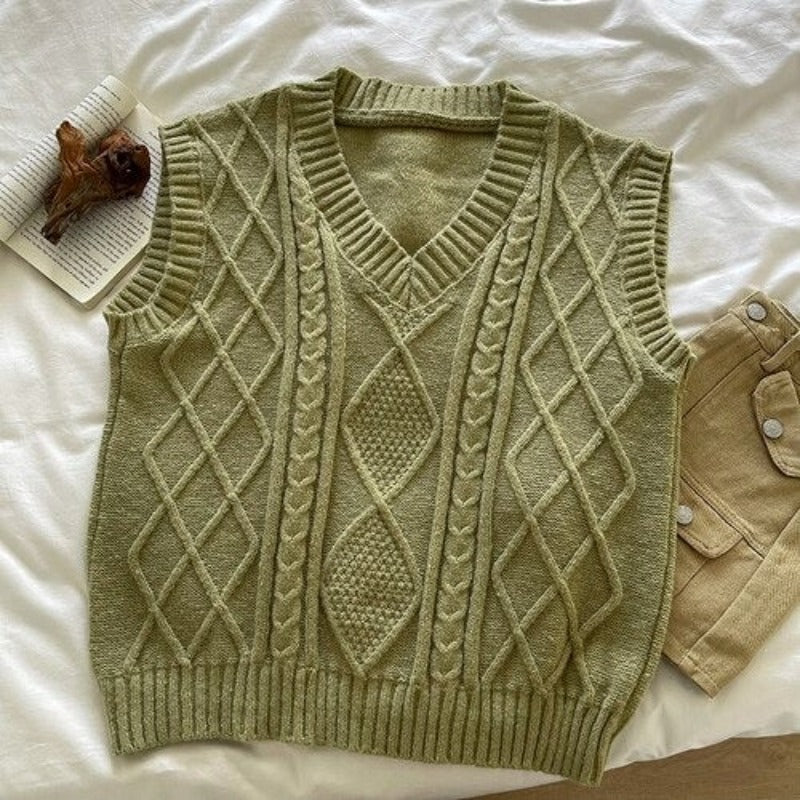 Woolen V-Neck Threaded Jacquard Sweater Vest-Soco Hoodie