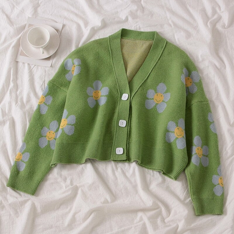 V-Neck Knitwear Loose Floral Knitted Sweater Cardigan-Soco Hoodie