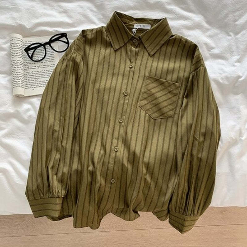 Korean Vertical Striped Long-Sleeved Shirt For Women-Soco Hoodie