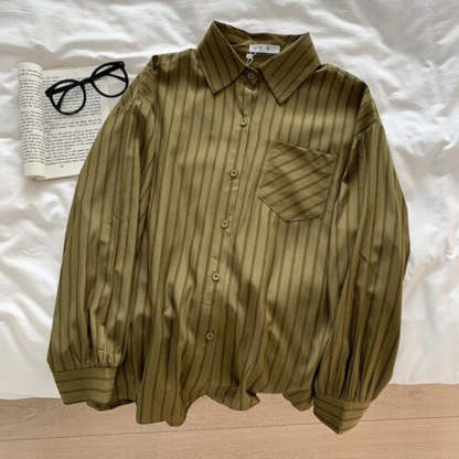 Korean Vertical Striped Long-Sleeved Shirt For Women-Soco Hoodie
