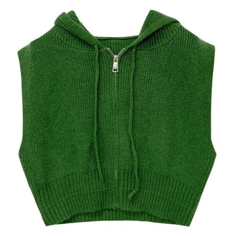 Loose Zipper Knitted Hooded Sweater Vest For Women-Soco Hoodie
