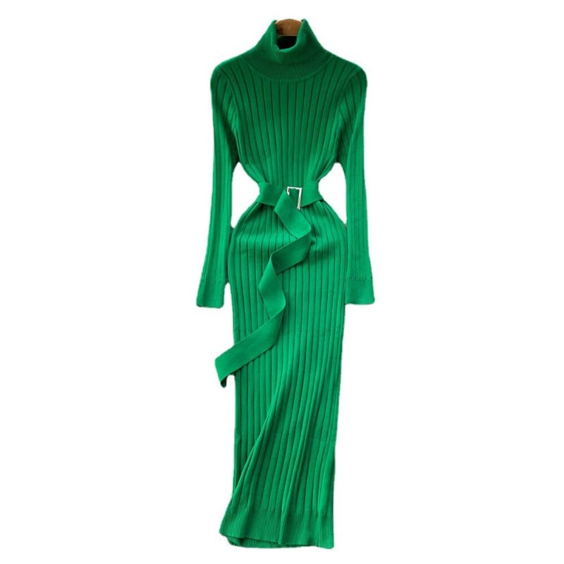Knitted Waist Slimming Long Bodycon Dress With Belt-Soco Hoodie