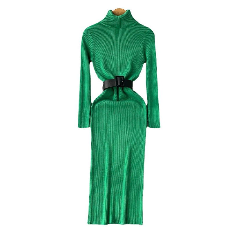 Long Turtleneck A-Line Knitted Bodycon Dress With Belt-Soco Hoodie