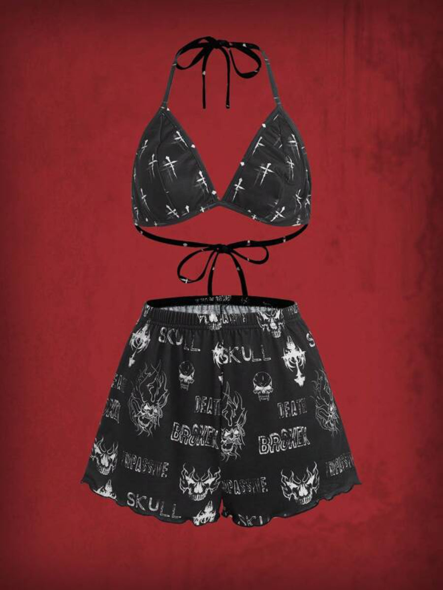 Grunge Punk Letter Graphic Halter Shorts Set-Soco Hoodie