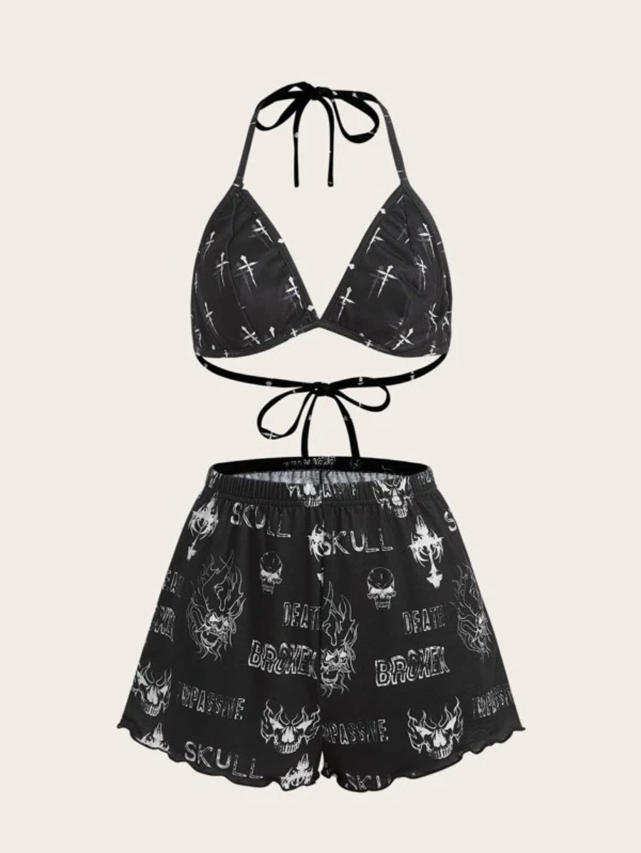 Grunge Punk Letter Graphic Halter Shorts Set-Soco Hoodie