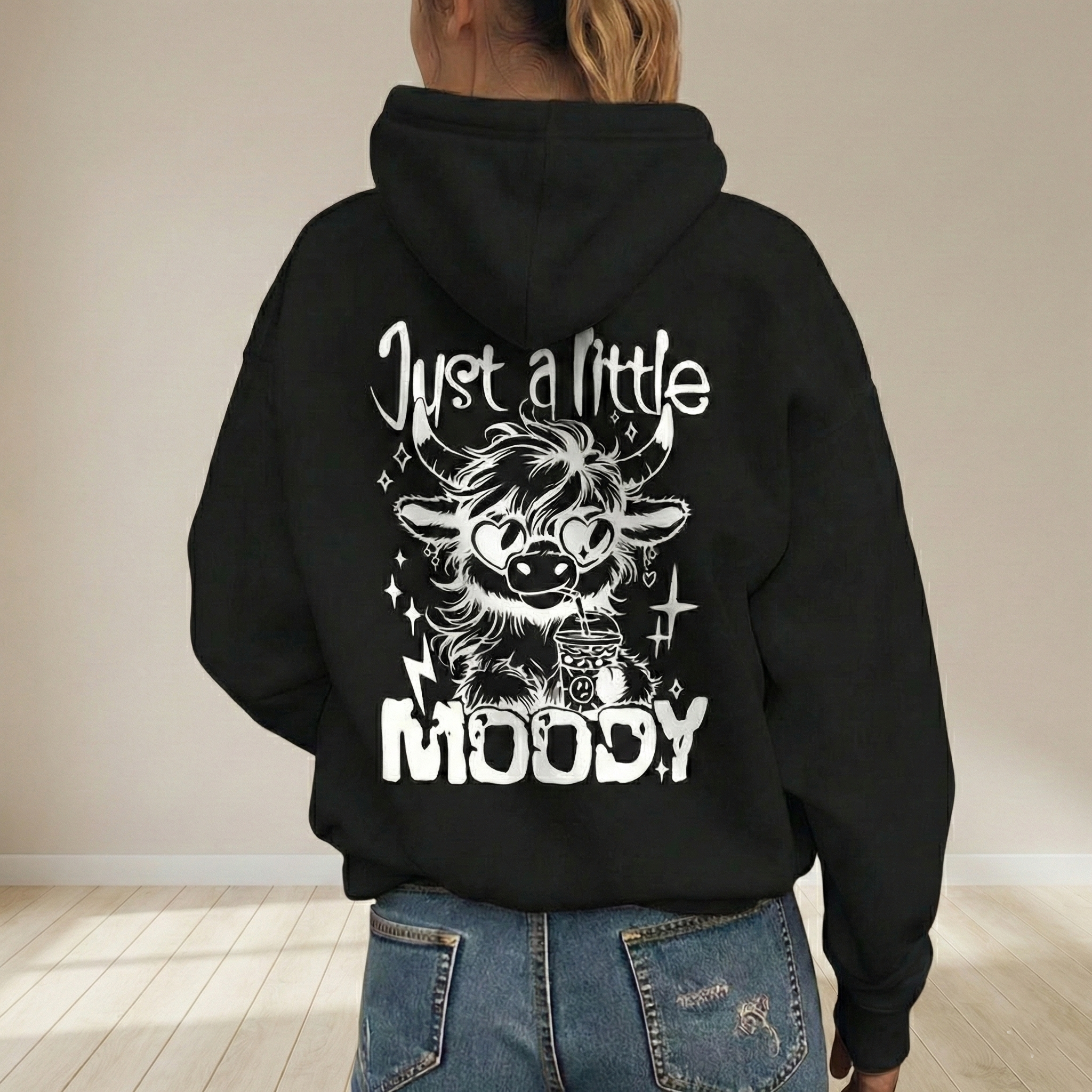 Highland Cow Graphic Print With Slogan Pullover Hoodie