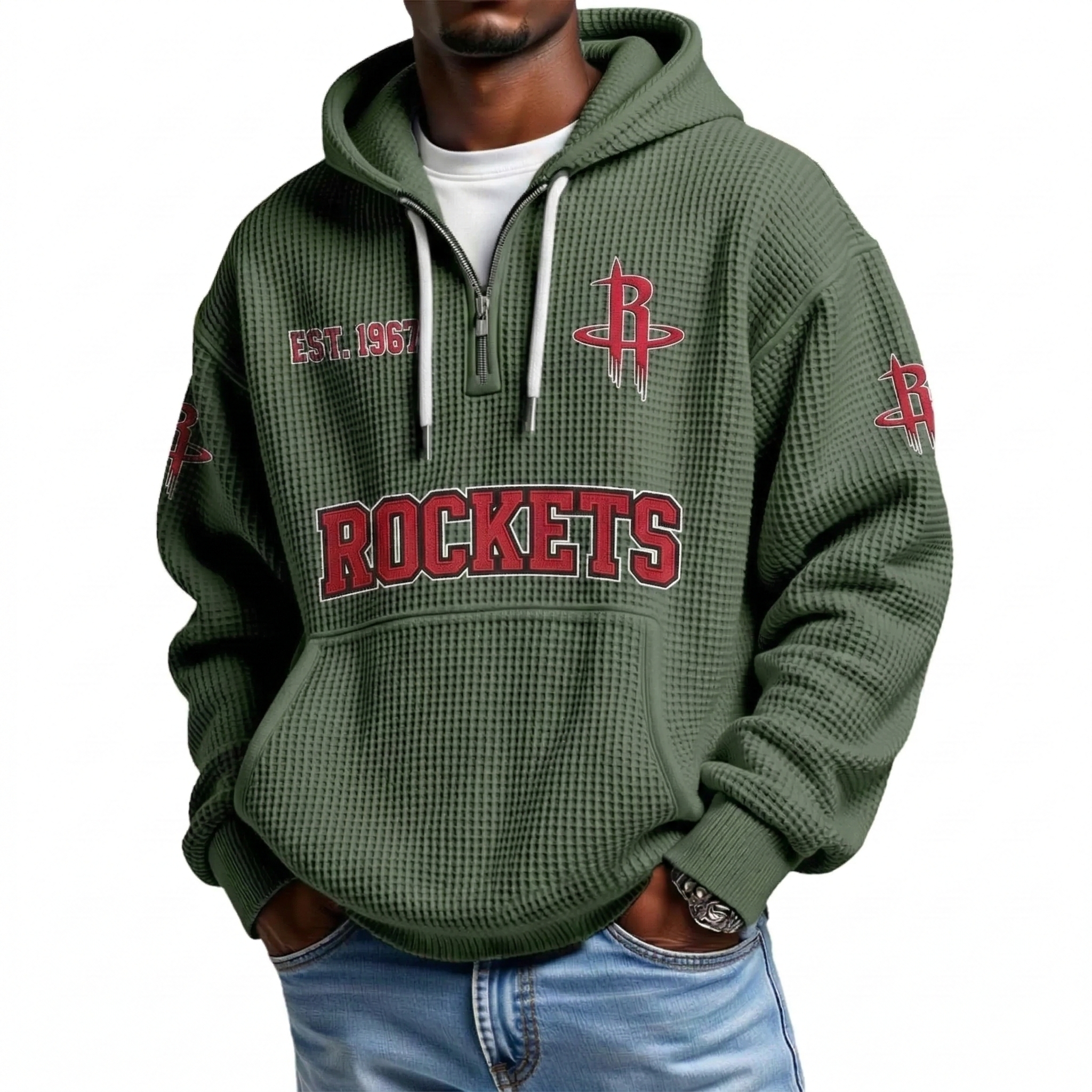 Houston Rockets EST 1967 Printed Waffle Quarter Zip Basketball Fan Hoodie