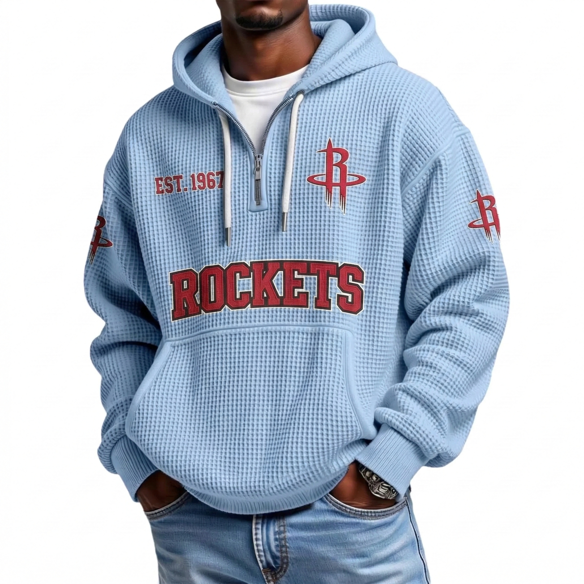 Houston Rockets EST 1967 Printed Waffle Quarter Zip Basketball Fan Hoodie