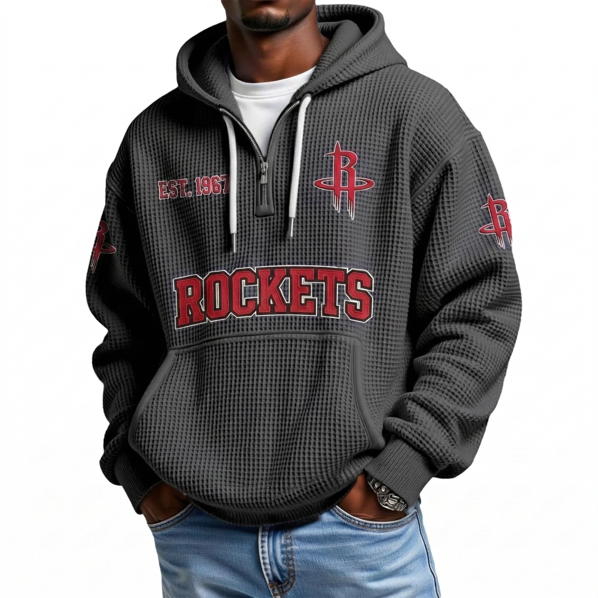 Houston Rockets EST 1967 Printed Waffle Quarter Zip Basketball Fan Hoodie