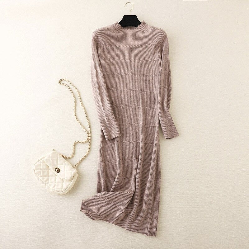 Mock Neck Slim A-Line Sweater Dress-Soco Hoodie