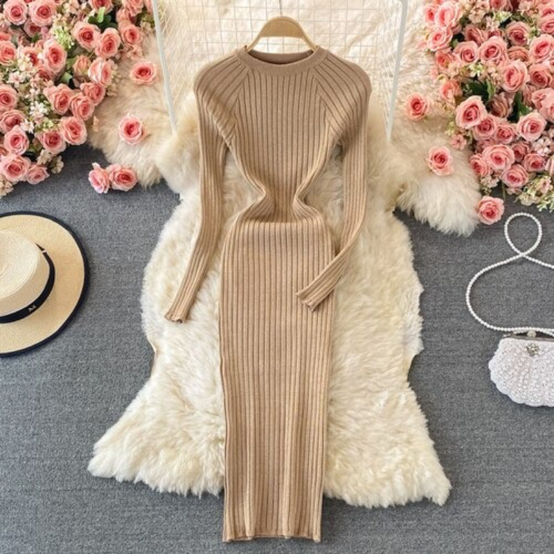 O-Neck Winter Knitted Bodycon Sweater Dress-Soco Hoodie