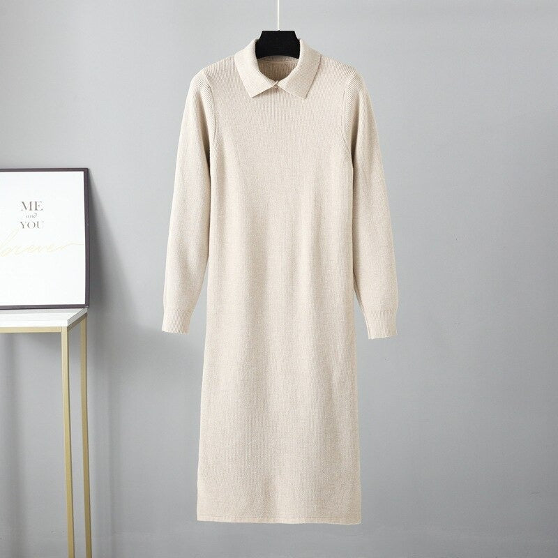 Oversized Polo Collar Knitted Long Straight Sweater Dress-Soco Hoodie