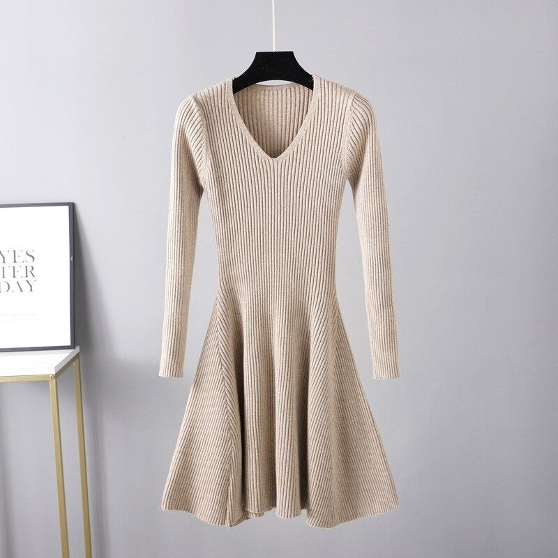 Autumn Oversize V-Neck Knitted Sweater Dress For Women-Soco Hoodie