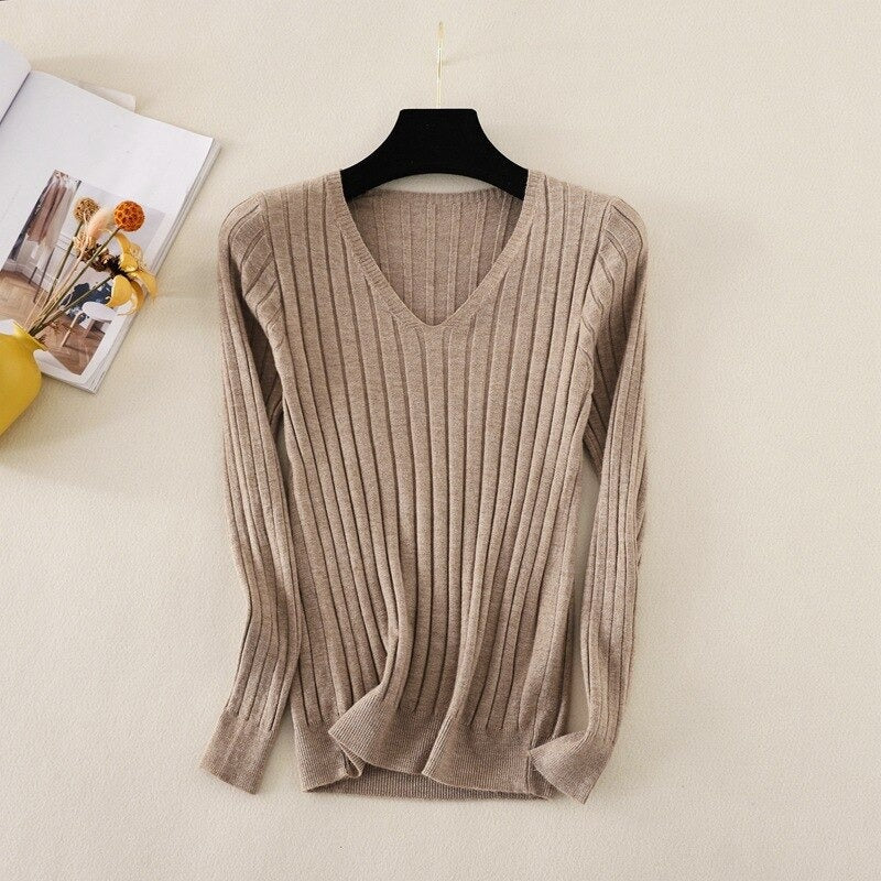 Basic V-Neck Solid Bodycon Knitted Sweater For Women-Soco Hoodie
