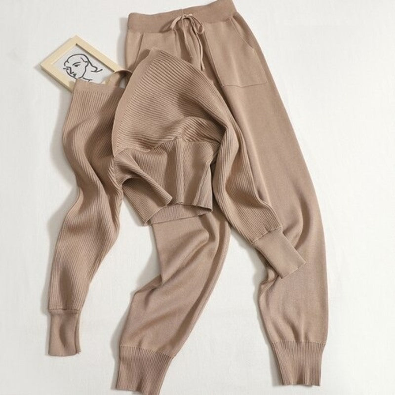 Casual V-Neck Waist Knit Women Sweater Set-Soco Hoodie