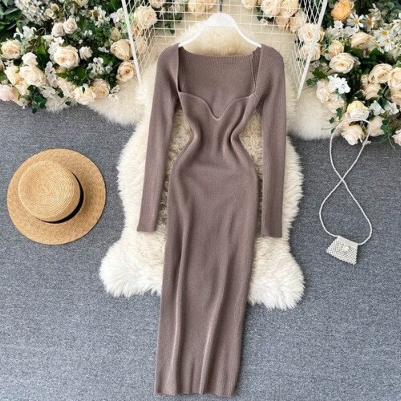Elegant Low Neck Long Sleeve Dress For Women-Soco Hoodie