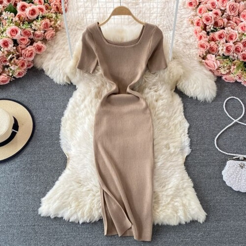 Retro Slit Slim Knitted Short Sleeve Dress For Women-Soco Hoodie