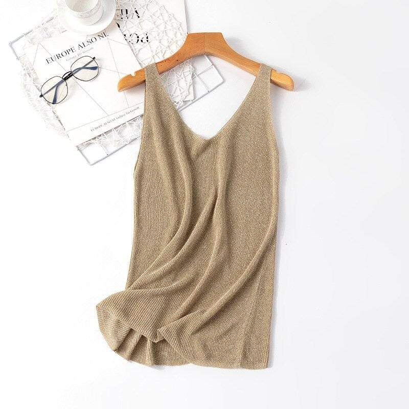 V-Neck Loose Bright Knitted Camisole Tanks For Women-Soco Hoodie