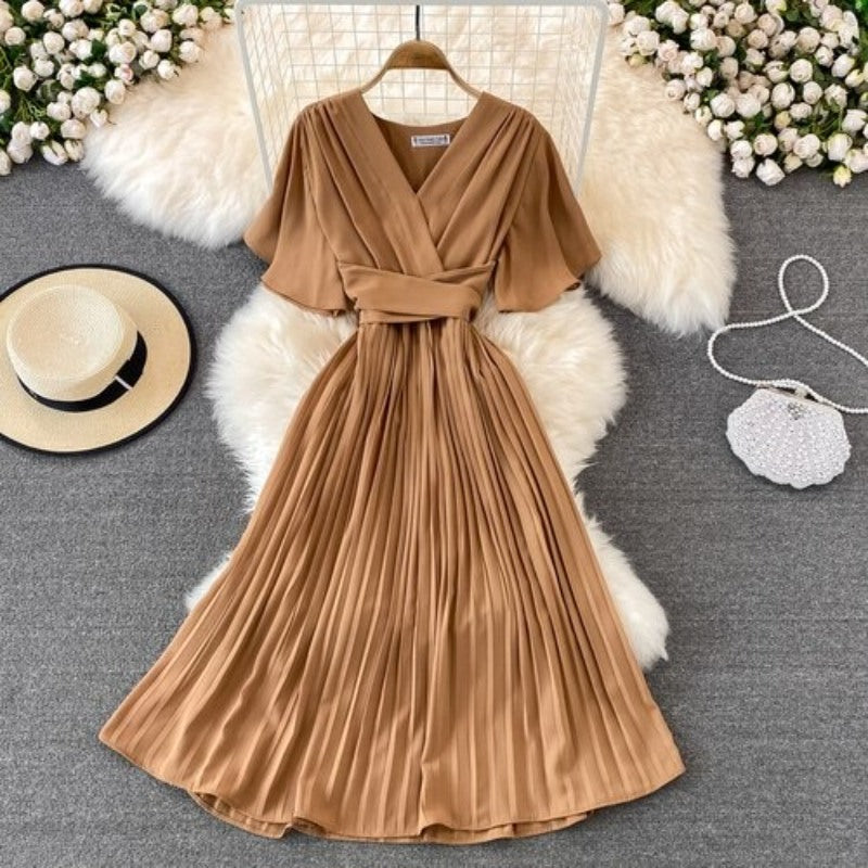 Elegant Solid Color V-neck Short Sleeve Dress For Women-Soco Hoodie