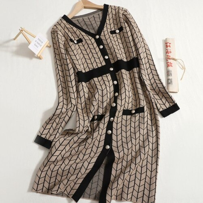 Mid-Length V-Neck Plaid Knitted Split Dress-Soco Hoodie