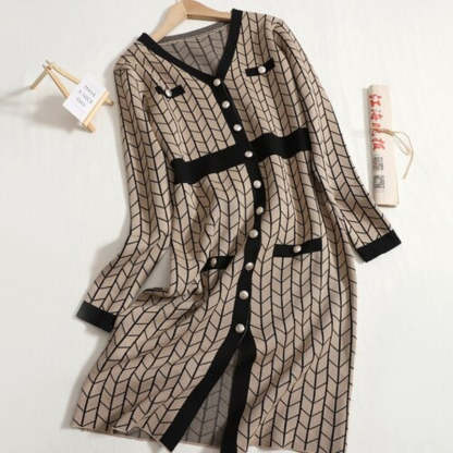 Mid-Length V-Neck Plaid Knitted Split Dress-Soco Hoodie