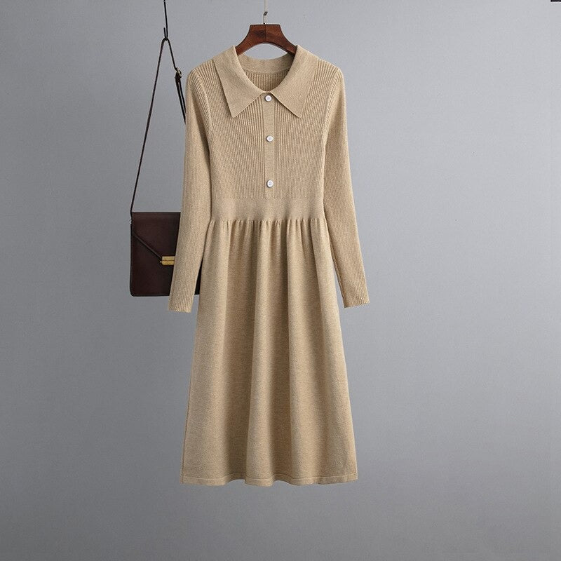 Long Pleated V-Neck A-Line Knitted Sweater Dress-Soco Hoodie