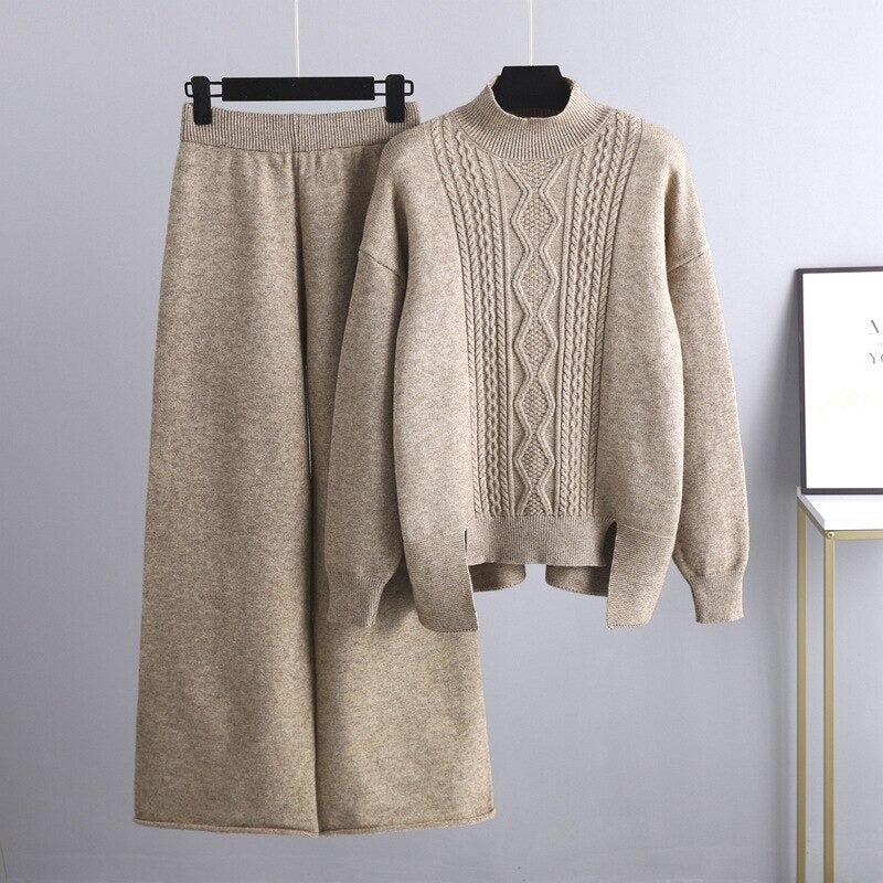Oversized Knitted Sweater And Wide Leg Pants For Women-Soco Hoodie