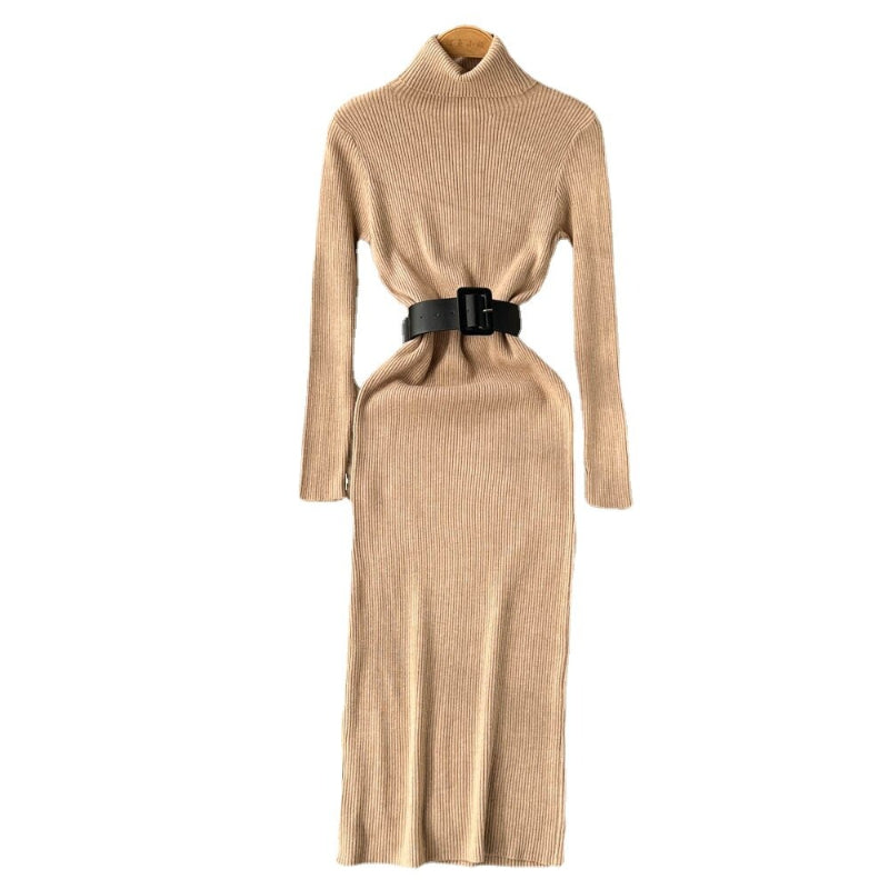 Long Turtleneck A-Line Knitted Bodycon Dress With Belt-Soco Hoodie