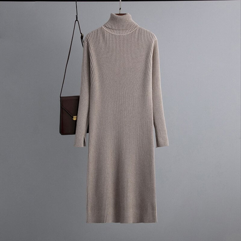 Turtleneck Ribbed Sweater Long Dress-Soco Hoodie