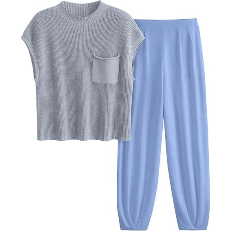Knitted Tops And Pants Sweatsuit Set Light Gray