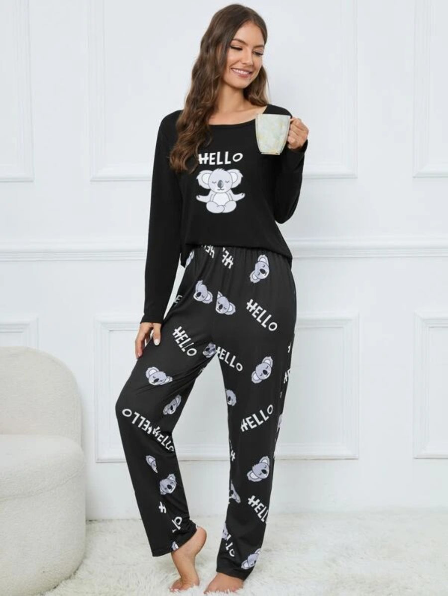 Koala And Letter Graphic PJ Set-Soco Hoodie