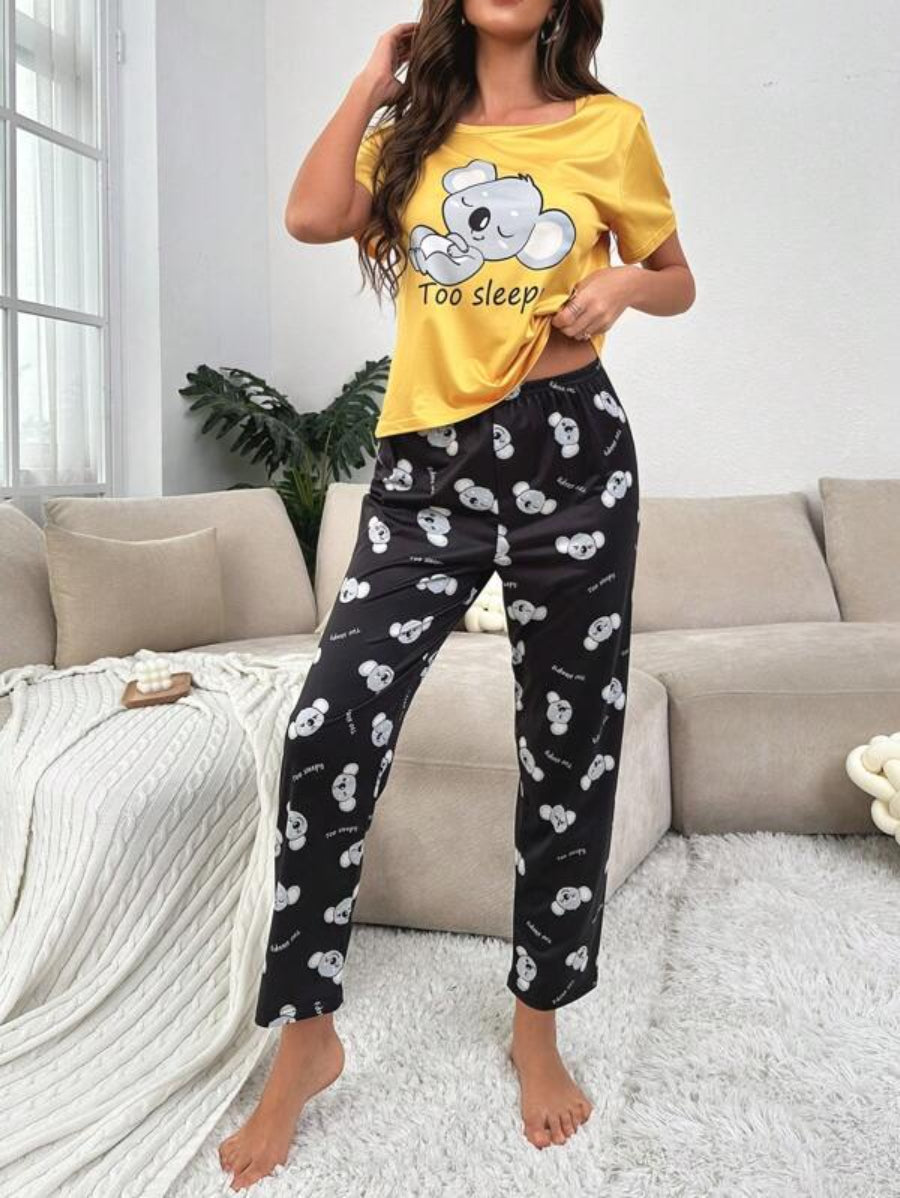 Koala And Letter Graphic Tee And Pants Set-Soco Hoodie