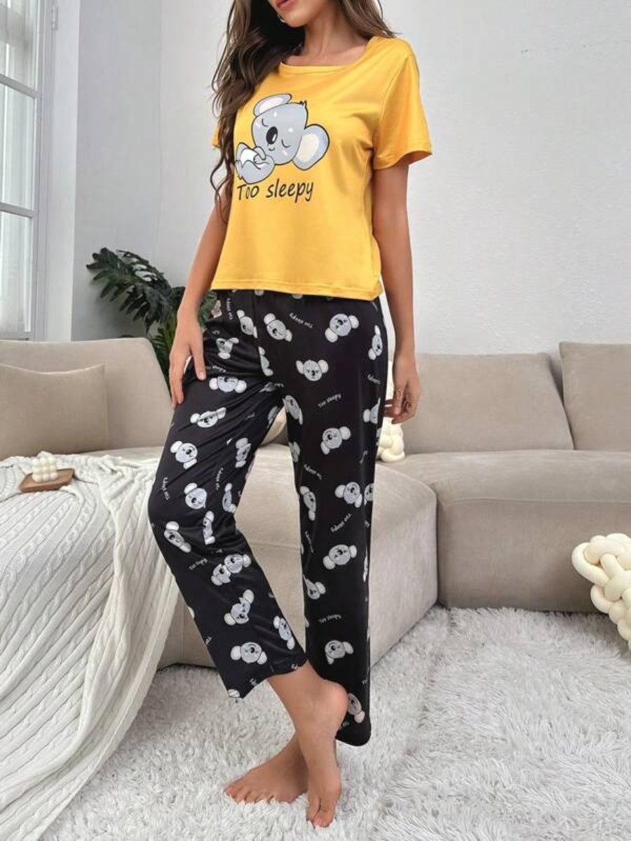 Koala And Letter Graphic Tee And Pants Set-Soco Hoodie