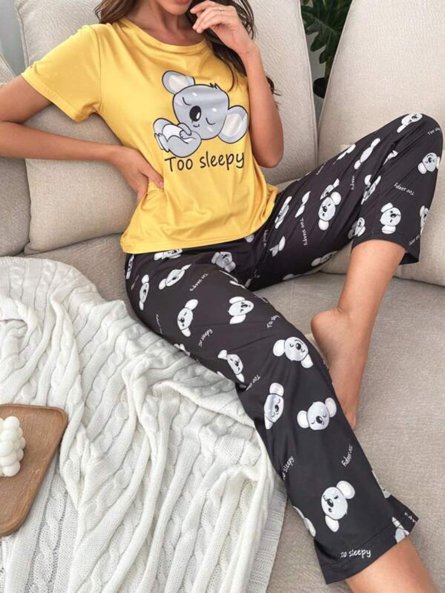 Koala And Letter Graphic Tee And Pants Set-Soco Hoodie