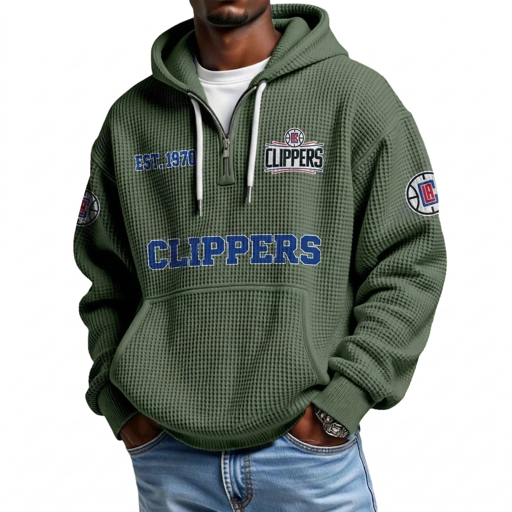LA Clippers EST 1970 Printed Waffle Quarter Zip Basketball Fan Hoodie