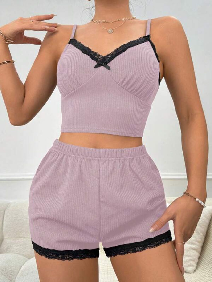 Lace Bow Front Cami Top And Shorts Set-Soco Hoodie