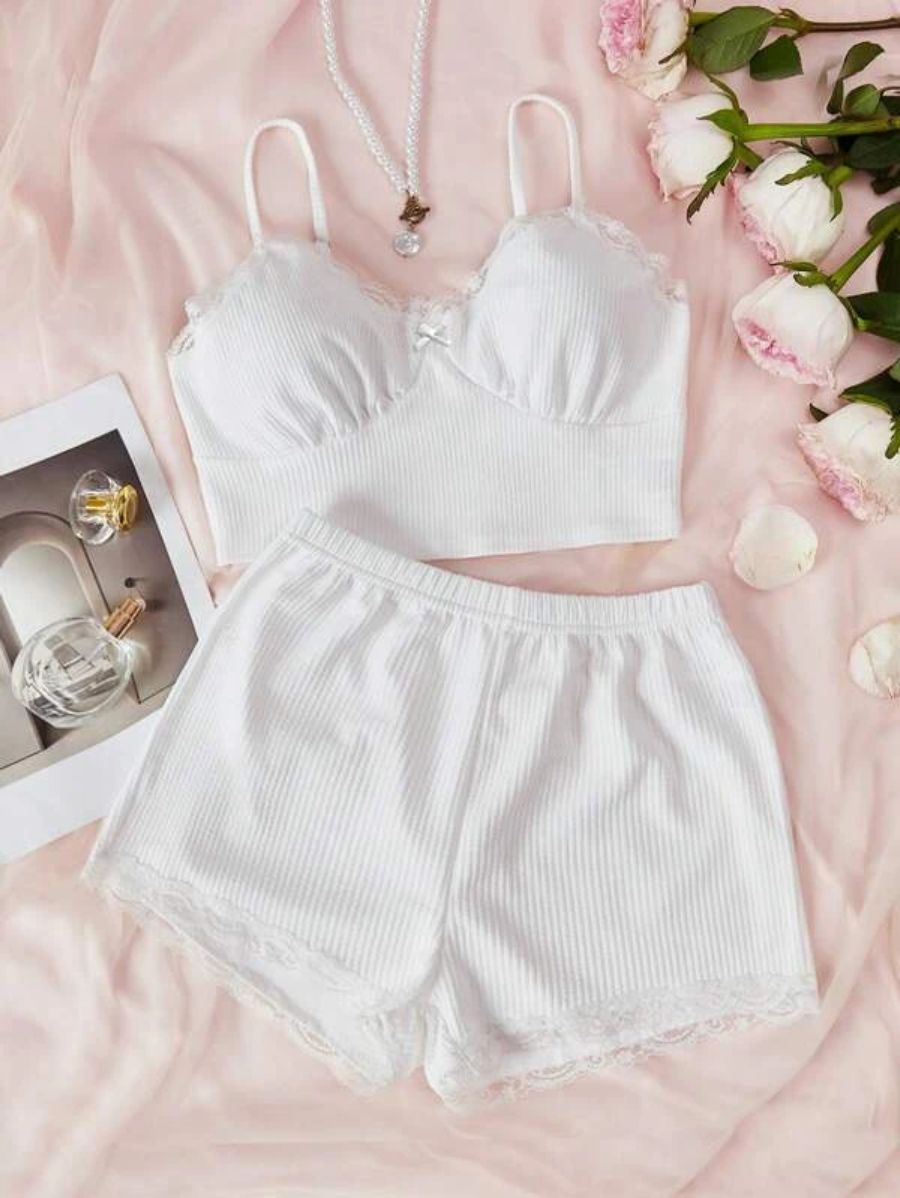 Lace Bow Front Cami Top And Shorts Set-Soco Hoodie
