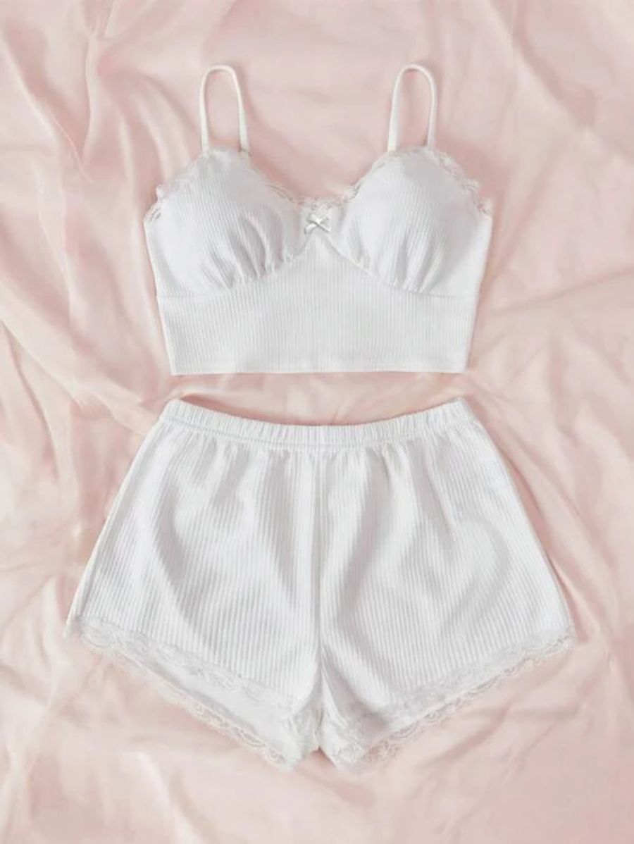Lace Bow Front Cami Top And Shorts Set-Soco Hoodie