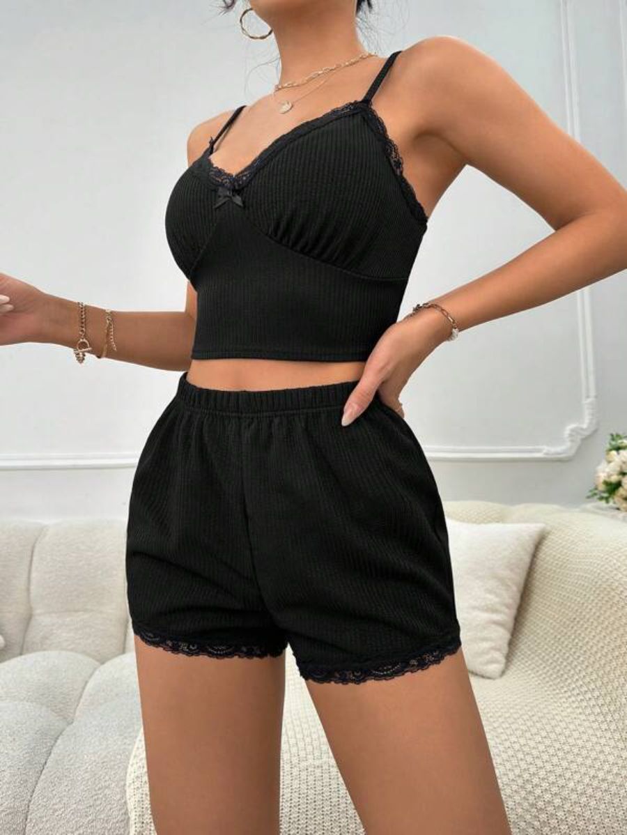 Lace Bow Front Cami Top And Shorts Set-Soco Hoodie