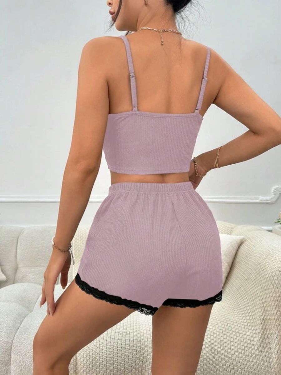 Lace Bow Front Cami Top And Shorts Set-Soco Hoodie