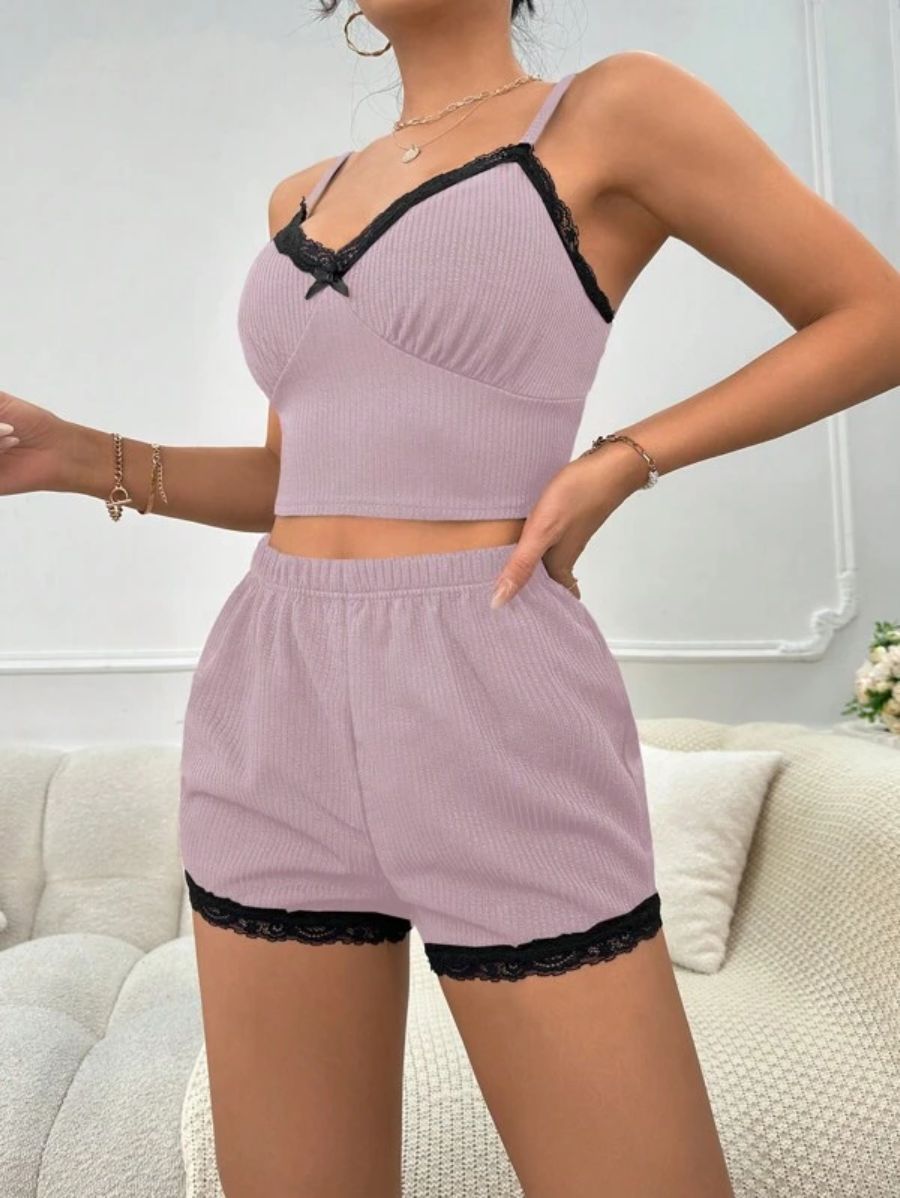 Lace Bow Front Cami Top And Shorts Set-Soco Hoodie