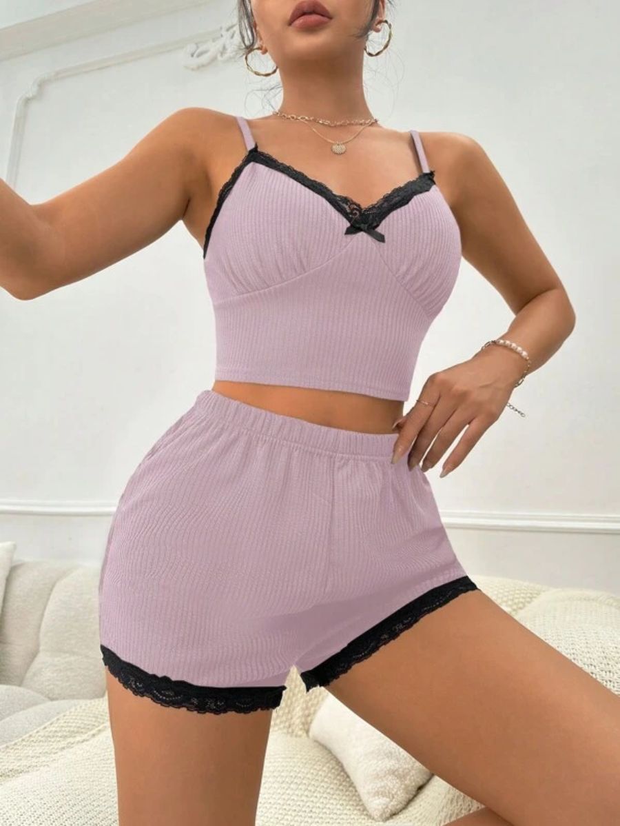 Lace Bow Front Cami Top And Shorts Set-Soco Hoodie