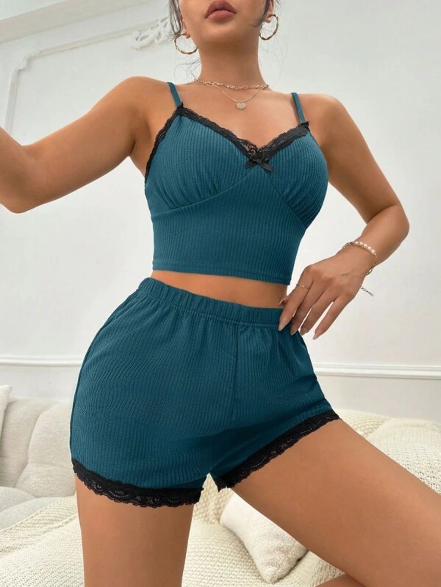 Lace Bow Front Cami Top And Shorts Set-Soco Hoodie