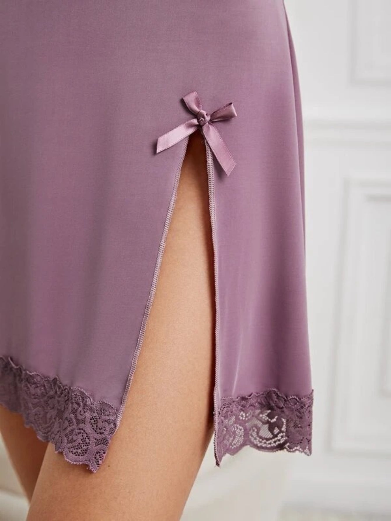 Lace Trim Bow Front Split Hem Cami Nightdress-Soco Hoodie
