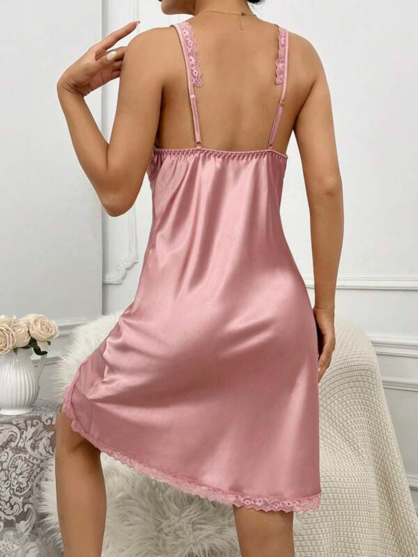 Lace Trim Satin Cami Nightdress-Soco Hoodie