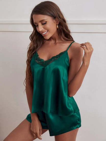 Lace Trim Satin Cami Top And Shorts Night Set-Soco Hoodie