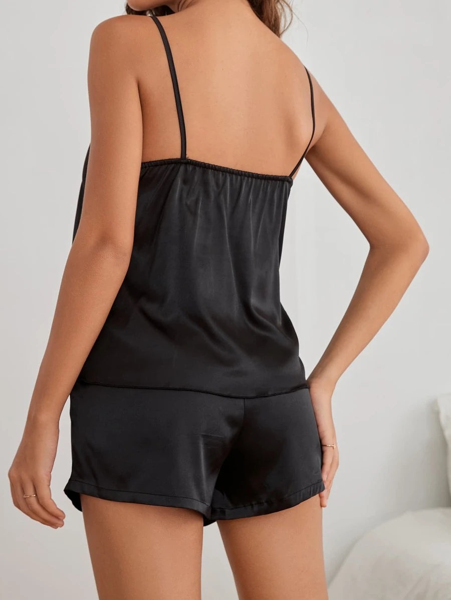 Lace Trim Satin Cami Top And Shorts Night Set-Soco Hoodie