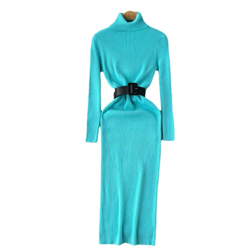 Long Turtleneck A-Line Knitted Bodycon Dress With Belt-Soco Hoodie