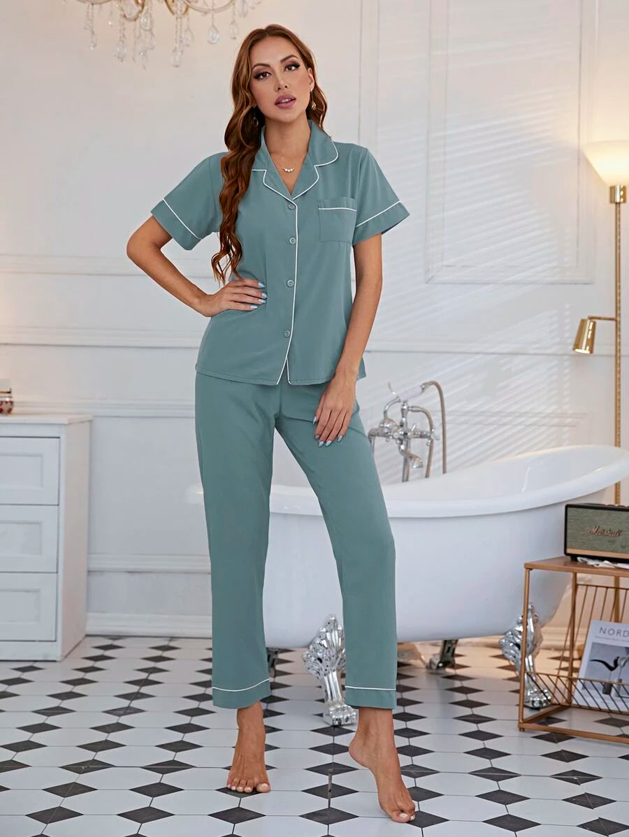 Lapel Collar Binding Night Set-Soco Hoodie